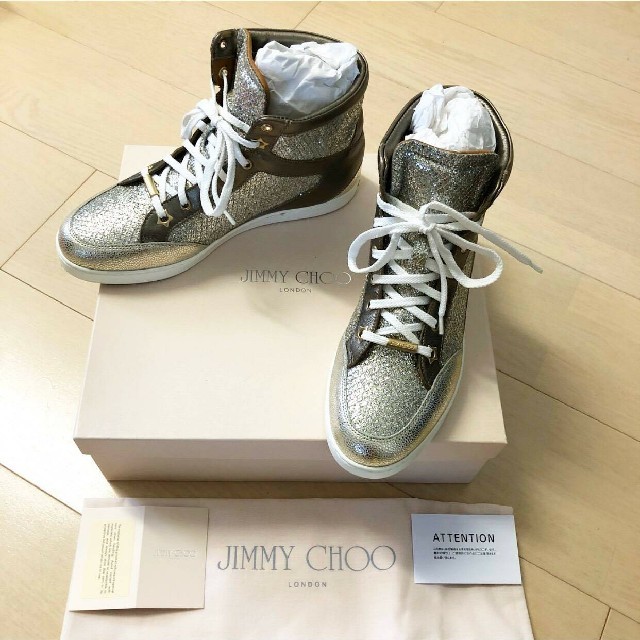 美品 JIMMY CHOO ジミーチュウ ハイカットスニーカー ゴールド系 超高