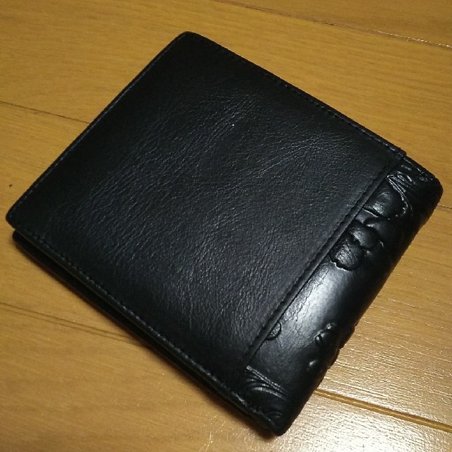 栃木レザー ヌメ革 和柄 さくら 二つ折り 短財布 ブラック 黒