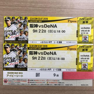 ハンシンタイガース(阪神タイガース)の阪神 vs DeNA 9月22日(日) 甲子園 アイビーシート ペアチケット(野球)