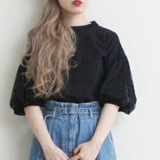 ドットアンドストライプスチャイルドウーマン(Dot&Stripes CHILDWOMAN)のドットチュールパフスリーブカットソー♡(カットソー(半袖/袖なし))