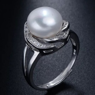 【新品】④本真珠10mmパールジルコニアシルバーリングホワイト　フリーサイズ
(リング(指輪))