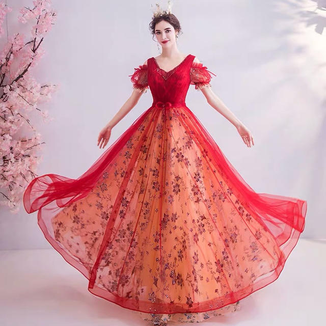 【2021春夏新作】 宮殿風の炎の赤い花嫁の結婚のイブニングドレス2412 ロングドレス