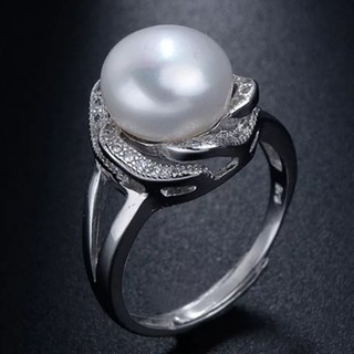 【新品】④本真珠10mmパールジルコニアシルバーリングホワイト　フリーサイズ(リング(指輪))