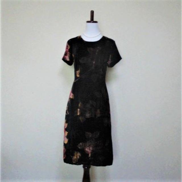 LAURA ASHLEY - 【ローラアシュレイ】美しい薔薇柄半袖ベルベットワンピース黒M