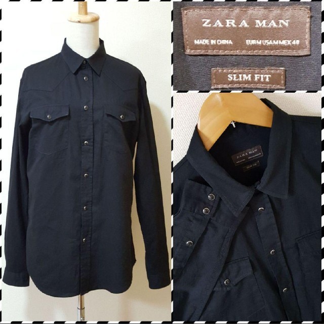 ZARA(ザラ)のZARAMAN★黒シャツ★スナップ釦★フレンチシャツ★イタリアンシャツ★くろ メンズのトップス(シャツ)の商品写真