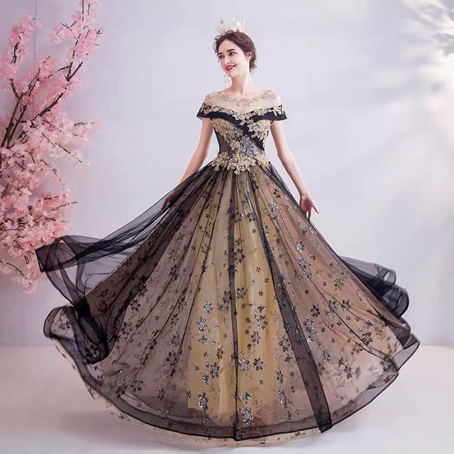 高貴なブラックゴールドフラッシュダイヤモンド花嫁ウェディングドレス