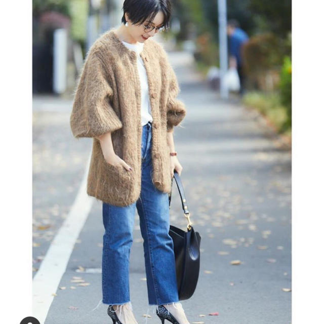 CLANEクラネ カラーモヘアシャギーカーディガン ネイビー-