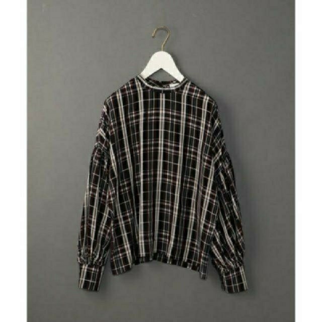 6ROKU MIX CHECK GATHER SLEEVE BLOUSE