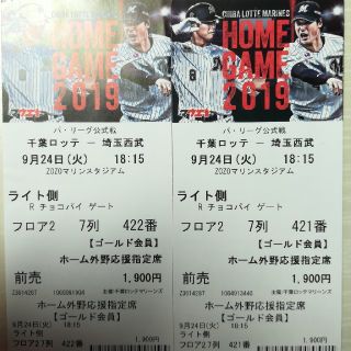 チバロッテマリーンズ(千葉ロッテマリーンズ)の千葉ロッテvs西武ライオンズ　9/24　ホーム外野席(野球)