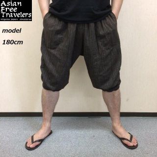 【４ポケット】ストライプ織 ハーフサルエルパンツ ブラウン(サルエルパンツ)