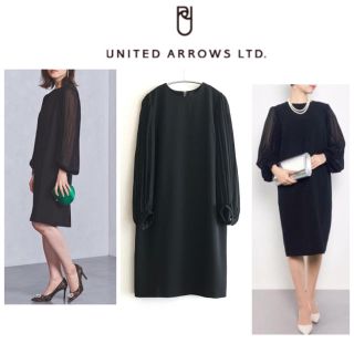 ユナイテッドアローズ(UNITED ARROWS)の【新品タグ付き】ユナイテッドアローズ★プリーツスリーブ ワンピース  40 黒(ひざ丈ワンピース)