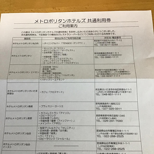 メトロポリタンホテルズ 共通利用券 2000円 1枚 チケットの優待券/割引券(レストラン/食事券)の商品写真