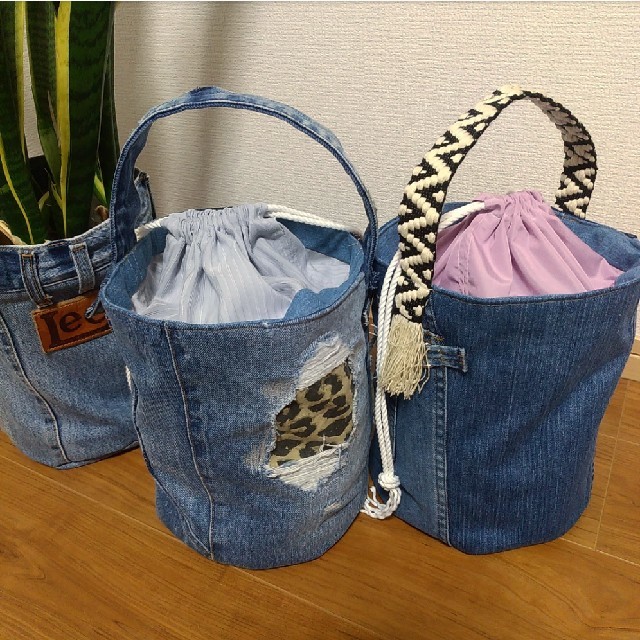 ワンハンドbag ハンドメイド デニム リメイク 巾着 丸底バッグ ワンハンドbag ハンドメイド デニム リメイク 巾着 丸底バッグ