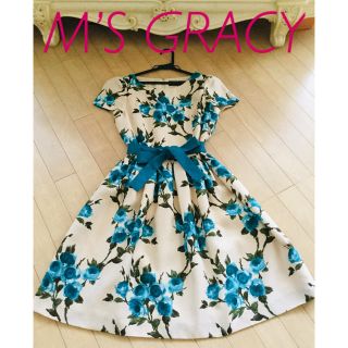 エムズグレイシー(M'S GRACY)の秋桜様専用お値下げ❣️エムズグレイシー 💠ブルーローズ ワンピース 38 (ひざ丈ワンピース)