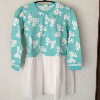 サンカンシオン(3can4on)の子供服 リボンプリント チュールワンピース 130cm(ワンピース)