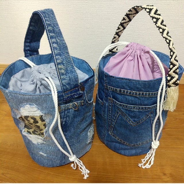 ワンハンドbag ハンドメイド デニム リメイク 巾着 丸底バッグ - バッグ ワンハンドbag ハンドメイド デニム リメイク 巾着 丸底バッグ - バッグ