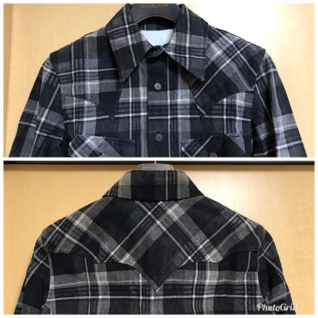 極美品バックラッシュ17AW定価14.5万円ピッグレザーチェックシャツ黒S