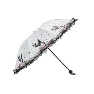 新品　 晴雨兼用折りたたみ傘　UVカット　蝶柄　レース 雨傘日傘（ホワイト)(傘)