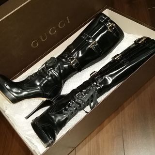 グッチ(Gucci)のGUCCI美品ロングレザーブーツ黒【size34.5】(ブーツ)