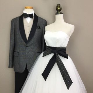 【ツートン生地】サッシュベルト 蝶タイ チーフ ペア 結婚式 披露宴 黒 ドット(ヘッドドレス/ドレス)