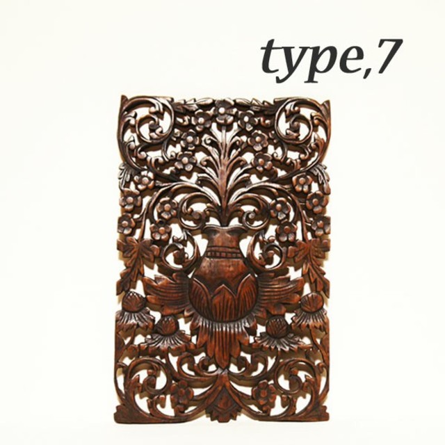 タイ製　木彫り（レリーフ）長方形（フラワー）Mサイズ　type,7