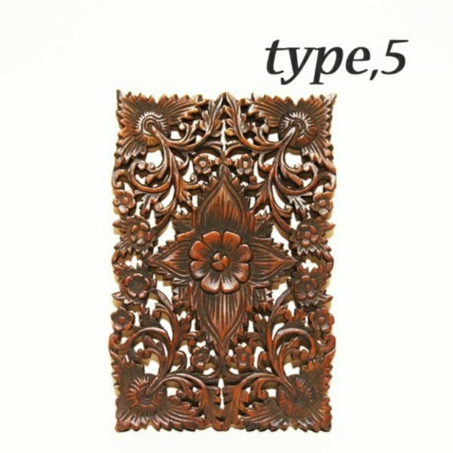 タイ製　木彫り（レリーフ）長方形（フラワー）Mサイズ　type,5