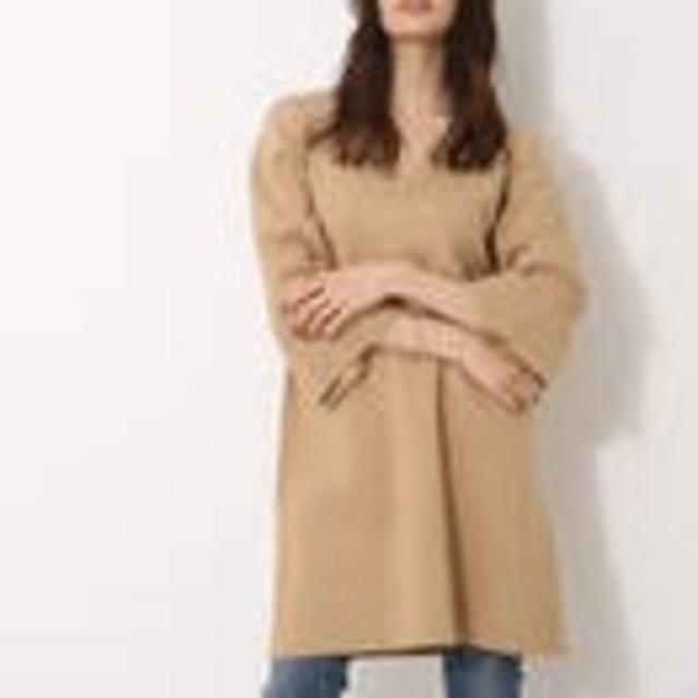 AZUL by moussy(アズールバイマウジー)のベージュ　七分袖ニットワンピース レディースのワンピース(ひざ丈ワンピース)の商品写真