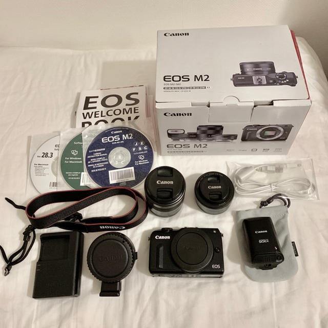 Canon(キヤノン)の【美品】キャノン Canon EOS M2 ダブルレンズキット ブラック(完品) スマホ/家電/カメラのカメラ(ミラーレス一眼)の商品写真