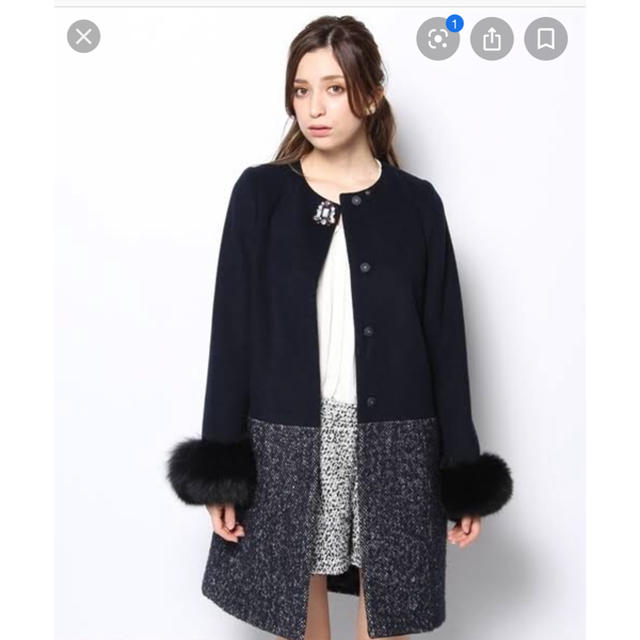 美品ジャスグリッティー JUSGLITTY 袖ファーツイード切替ノーカラー