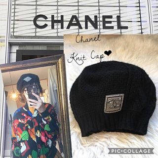 シャネル(CHANEL)のシャネル 美品 カシミヤ ニット ベレー帽 黒 ロゴ 帽子(ニット帽/ビーニー)