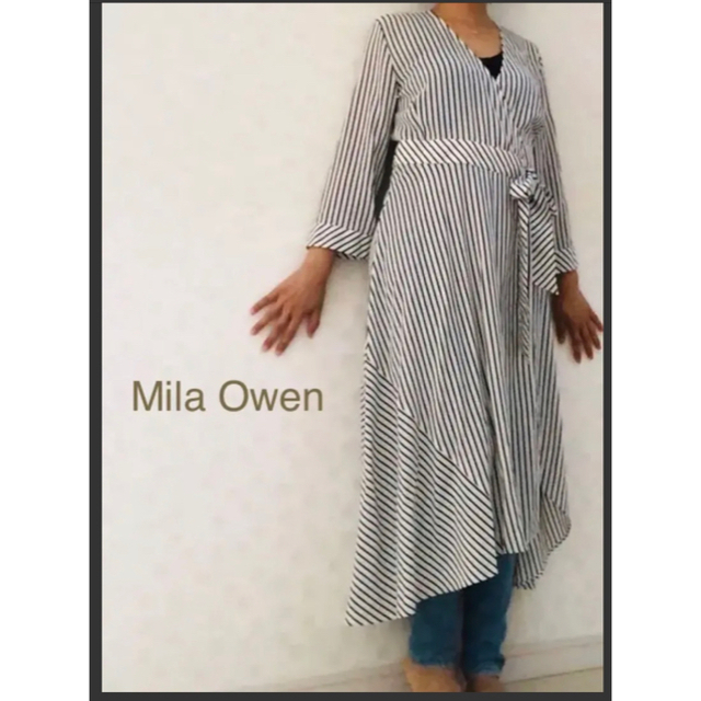 ミラオーウェン、Mila Owenカシュクールワンピ白×黒ストライプ