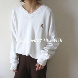 トミーヒルフィガー(TOMMY HILFIGER)の90s トミーヒルフィガー 刺繍ロゴ コットンニット 白 古着 vintage(ニット/セーター)