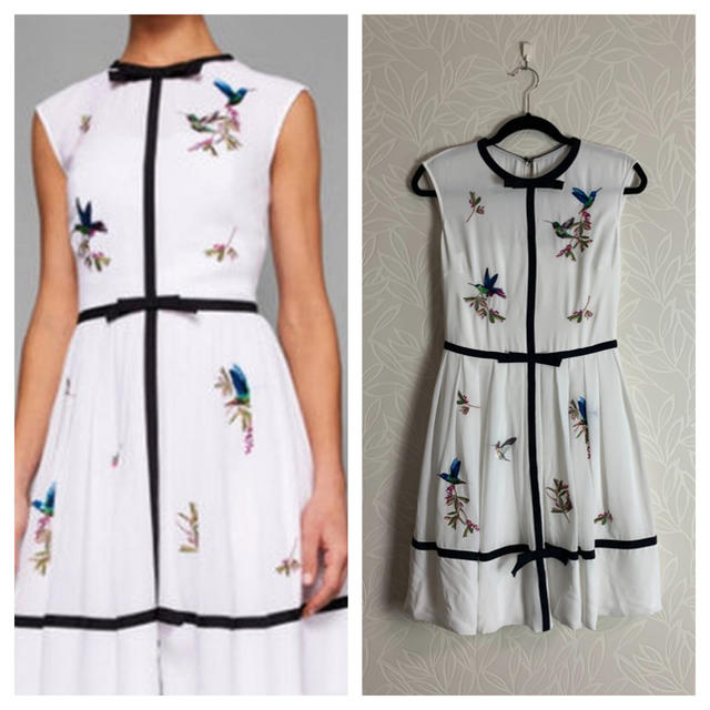 人気 TED BAKER 鳥 刺繍 リボン ワンピース ホワイト ハチドリ