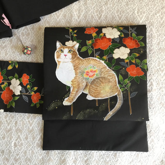 正絹名古屋帯 絹に描く猫アート作家Nao作品 猫名古屋帯