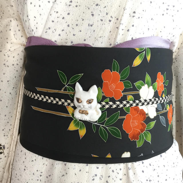 正絹名古屋帯 絹に描く猫アート作家Nao作品 猫名古屋帯