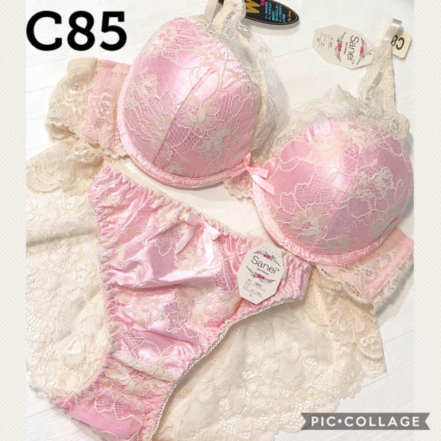 ブラジャー＆ショーツ♡C85☆ツヤツヤピンク色生地にレースがとっても綺麗 レディースの下着/アンダーウェア(ブラ&ショーツセット)の商品写真
