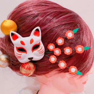 お得☆人気☆２点セット☆お祭り髪飾り☆ミニお面☆軒花☆畳縁☆(ヘアアクセサリー)