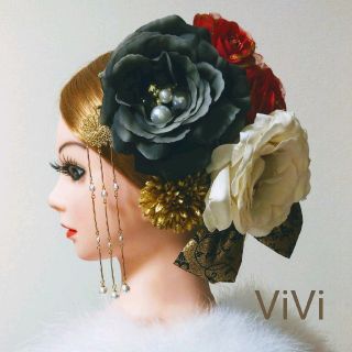 髪飾りViVi ～暈し黒×クリーム薔薇・大人美～ 成人式 結婚式 花魁 かんざし(和装小物)