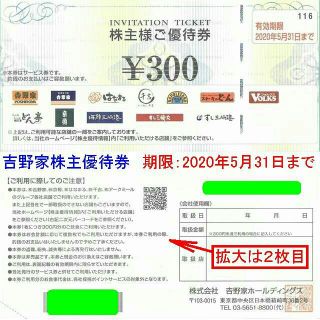 ヨシノヤ(吉野家)の[送料込み]牛丼の吉野家株主優待券(300円分)×1枚 (2020年5月まで)(レストラン/食事券)