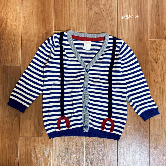 ZARA KIDS(ザラキッズ)の【値下げ】H&M サスペンダー風ボーダーニットカーデ 9ー12month キッズ/ベビー/マタニティのベビー服(~85cm)(カーディガン/ボレロ)の商品写真