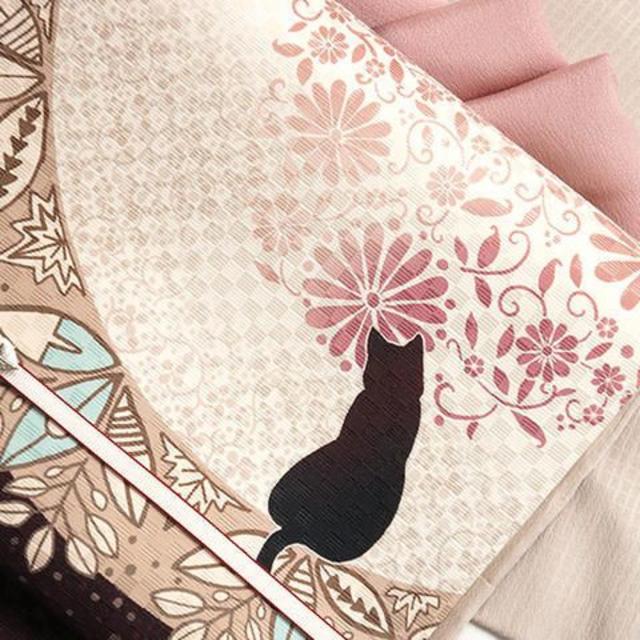 京袋帯 染・花月夜見の黒猫（ボルドー）正絹 袋帯 臙脂 赤紫 ピンク約370cm以上巾