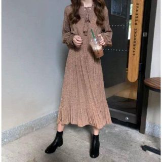 スタイルナンダ(STYLENANDA)の秋 ミモレ丈 小花柄 ワンピース プリーツスカート ラッフルヘム リボンタイ(ロングワンピース/マキシワンピース)