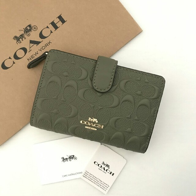 【新品】COACH(コーチ) エンボス グリーン レザー 折り財布メンズ