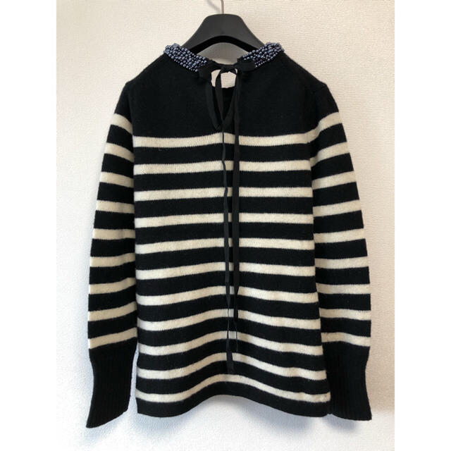 sacai luck(サカイラック)の美品sacai luckパールビジュー付バックリボンボーダーニットプルオーバー レディースのトップス(ニット/セーター)の商品写真