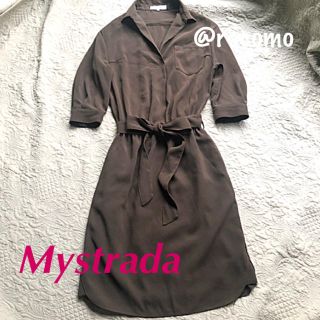 マイストラーダ(Mystrada)の美品  マイストラーダ 秋色カーキグリーンのリボンベルト付きシャツワンピース(ひざ丈ワンピース)