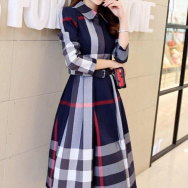 バーバリー ブルーレーベル ワンピース チェック ベルト付き ネイビー レッド