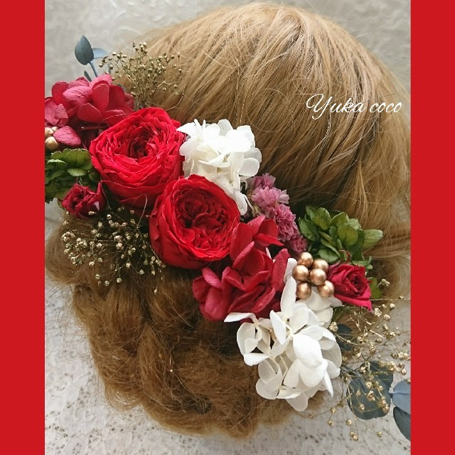 ⭕️速達⭕️真っ赤なバラのドライフラワー ヘッドドレス❁¨̮ ハンドメイドのウェディング(ヘッドドレス/ドレス)の商品写真