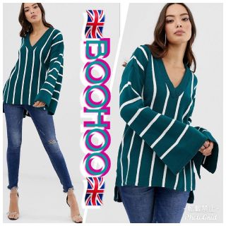 ブーフー(boohoo)の日本未発売　boohoo ブーブー　Vネック美ラインニット　インポート グリーン(ニット/セーター)