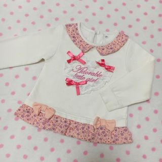 暖か裏起毛トップス♡レース♡cute花柄切替♡WHITE♡95(Tシャツ/カットソー)