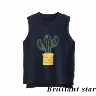 🌵これから最適❣️お値下げ！『サボテン柄ニットベスト』❮濃紺❯